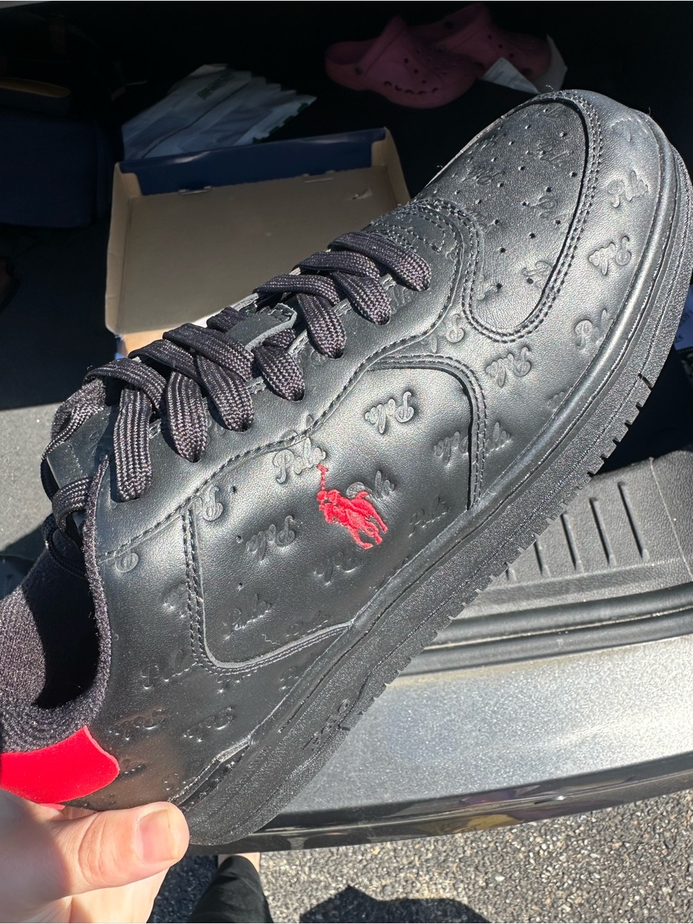 Ralph Lauren Black Leather Sneakers with Red Pony Accent